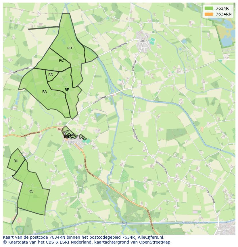 Afbeelding van het postcodegebied 7634 RN op de kaart.