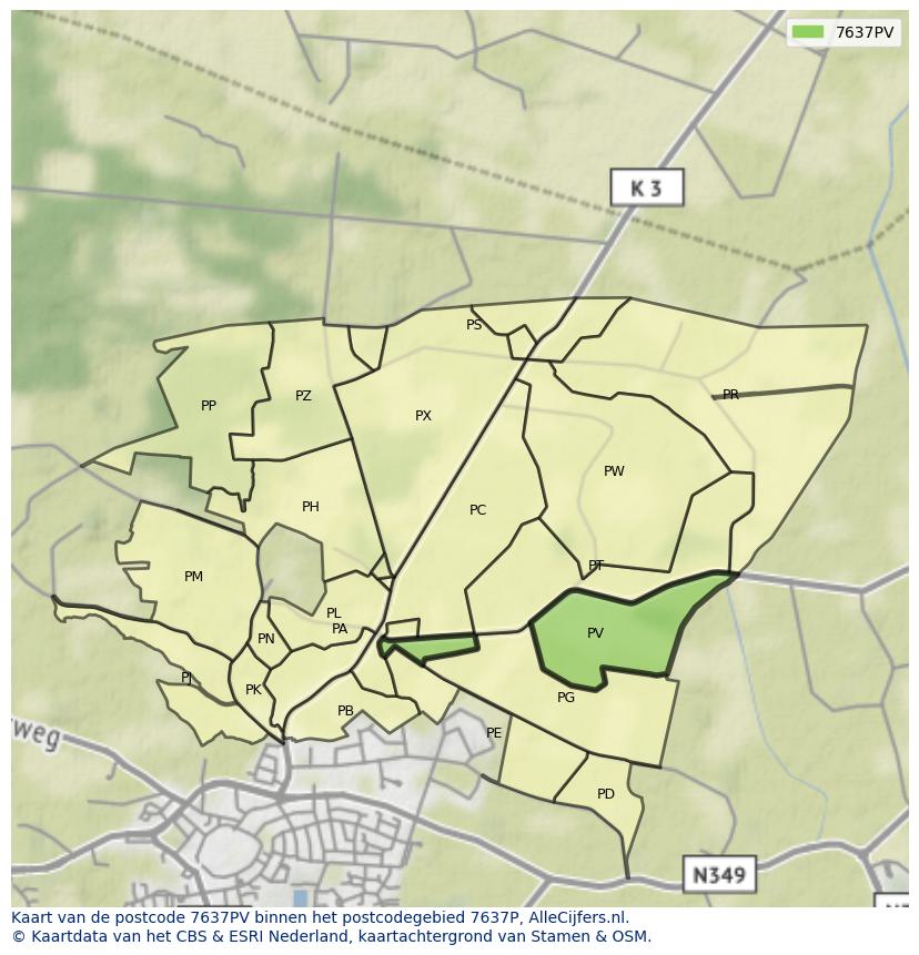 Afbeelding van het postcodegebied 7637 PV op de kaart.