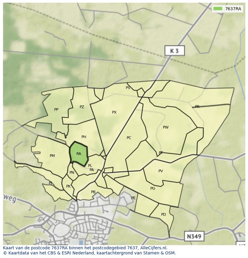 Afbeelding van het postcodegebied 7637 RA op de kaart.