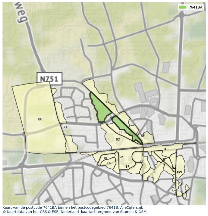 Afbeelding van het postcodegebied 7641 BA op de kaart.
