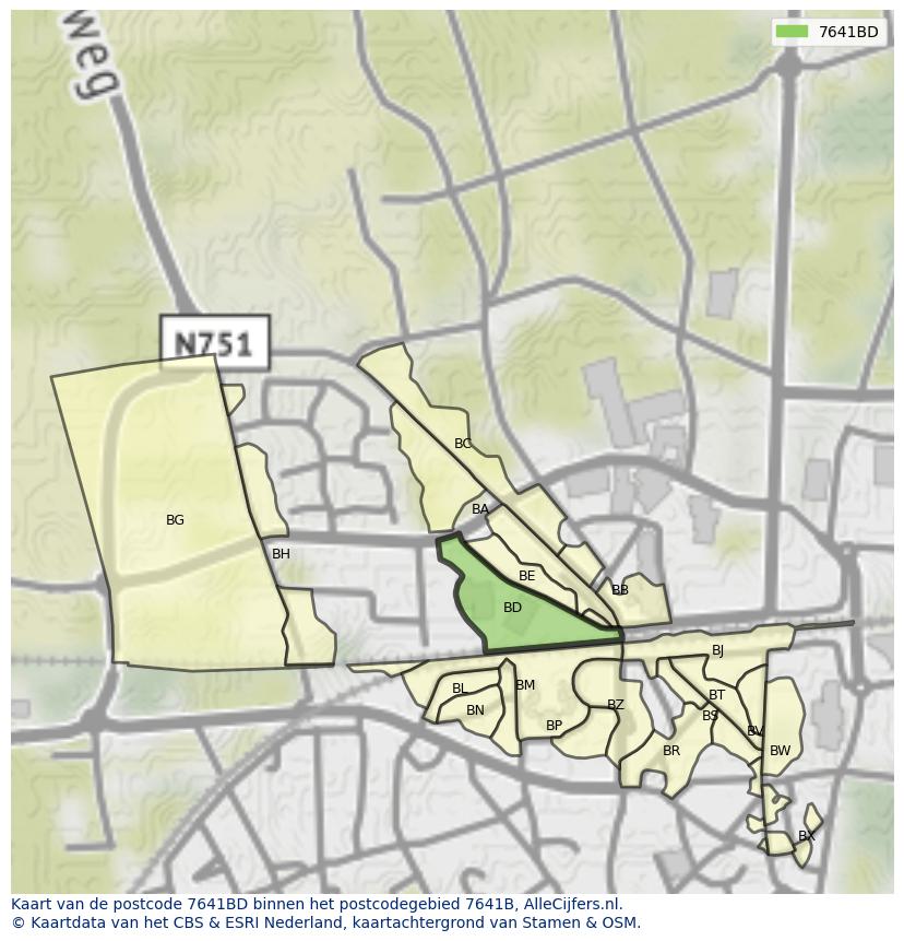 Afbeelding van het postcodegebied 7641 BD op de kaart.