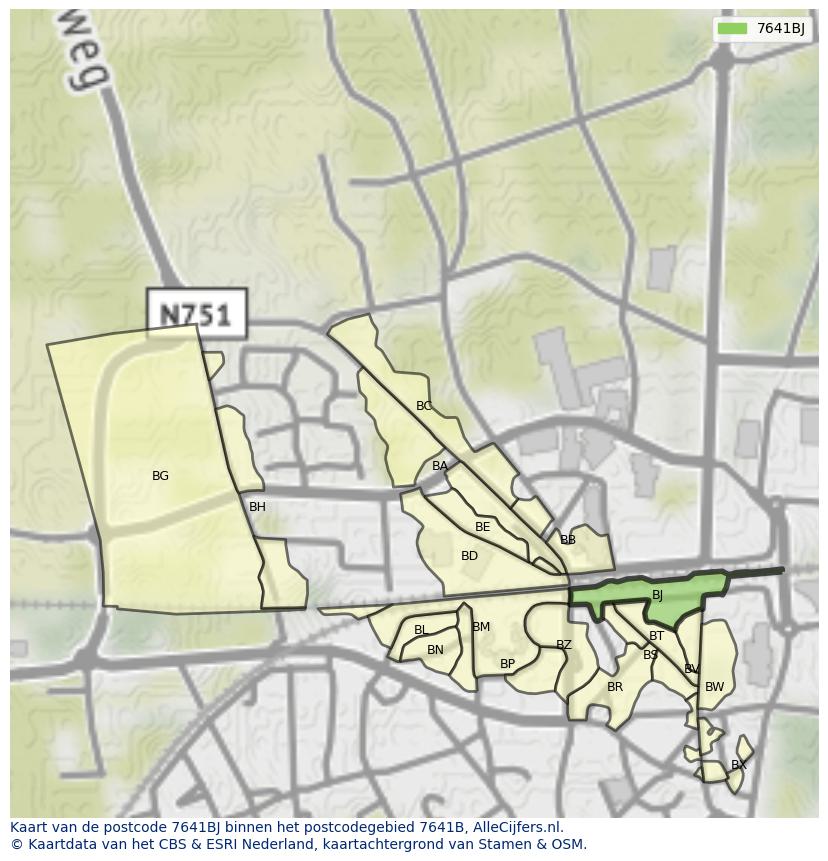 Afbeelding van het postcodegebied 7641 BJ op de kaart.