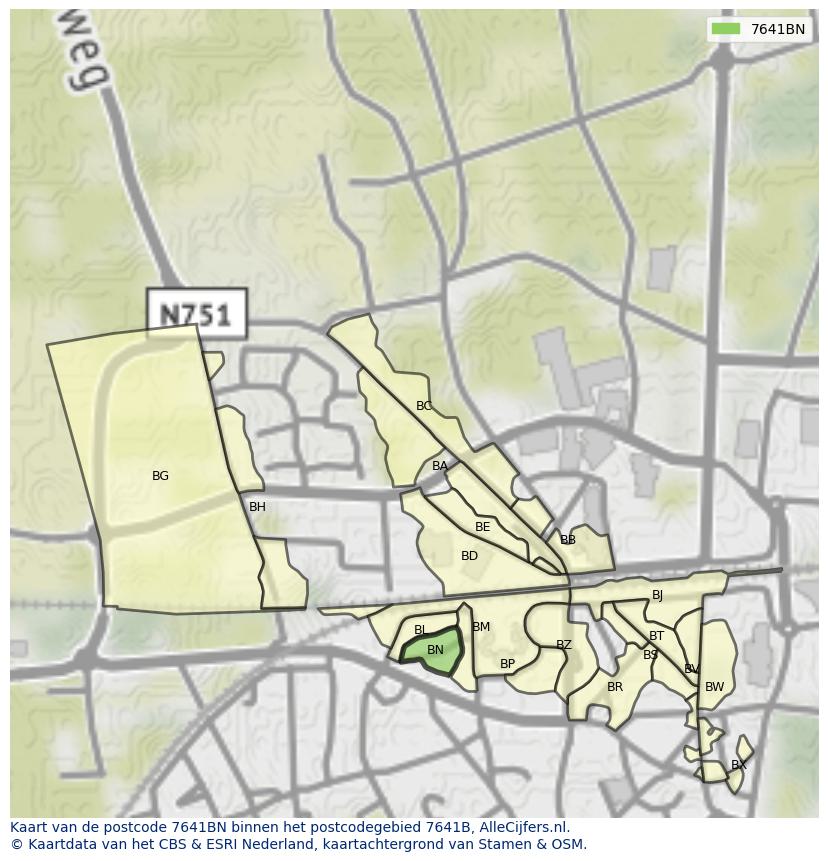 Afbeelding van het postcodegebied 7641 BN op de kaart.