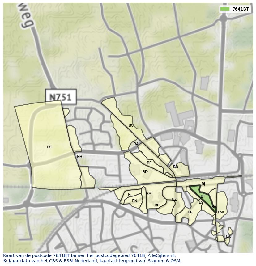 Afbeelding van het postcodegebied 7641 BT op de kaart.