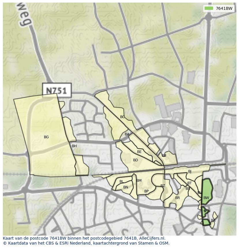 Afbeelding van het postcodegebied 7641 BW op de kaart.