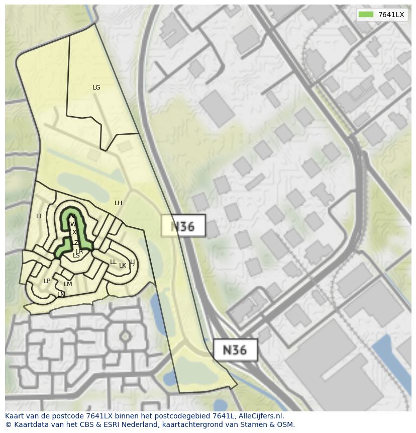 Afbeelding van het postcodegebied 7641 LX op de kaart.