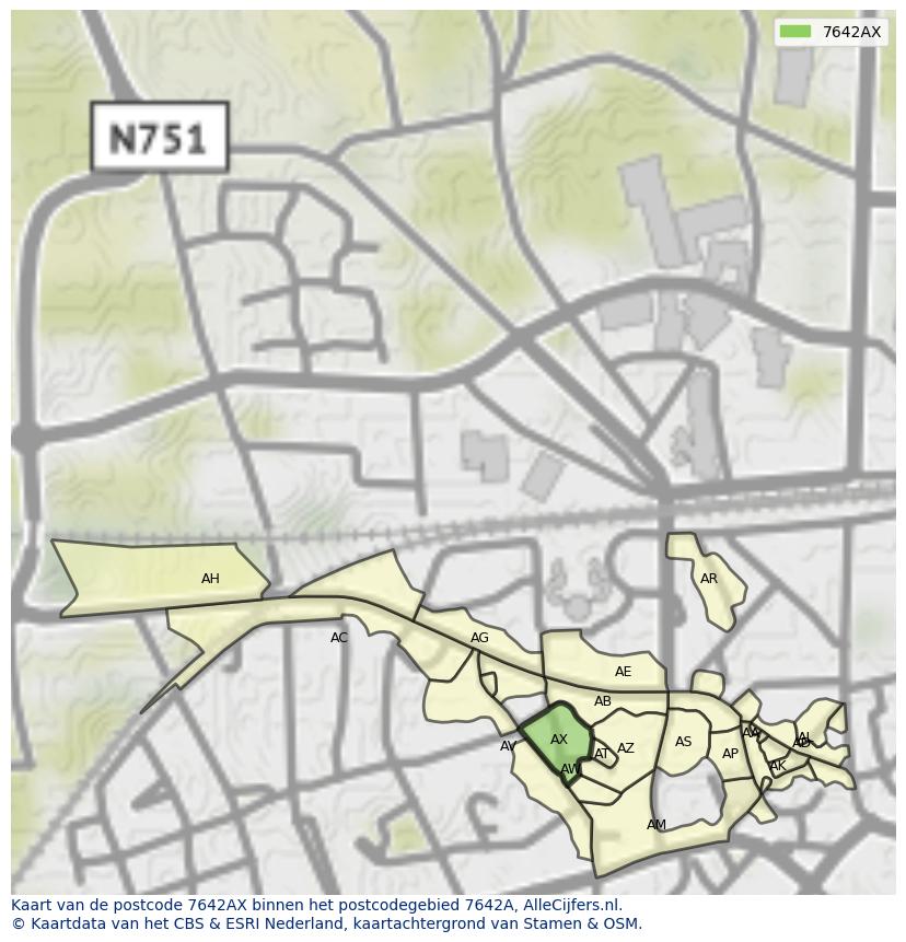 Afbeelding van het postcodegebied 7642 AX op de kaart.