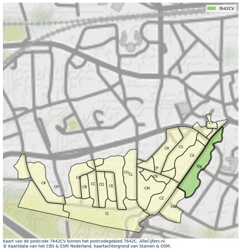 Afbeelding van het postcodegebied 7642 CV op de kaart.