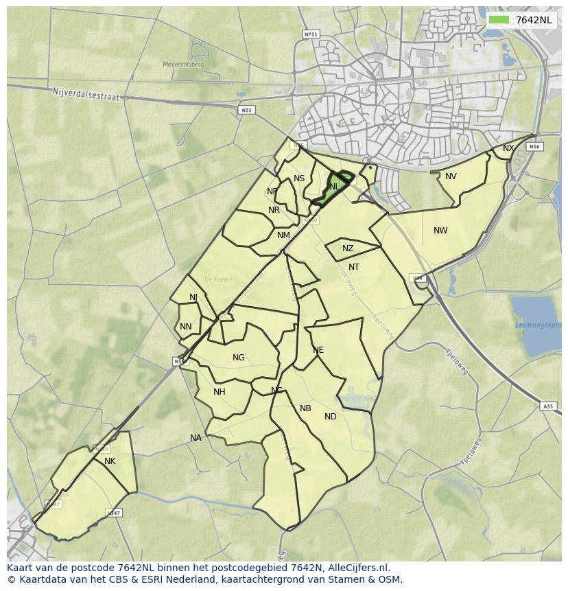 Afbeelding van het postcodegebied 7642 NL op de kaart.