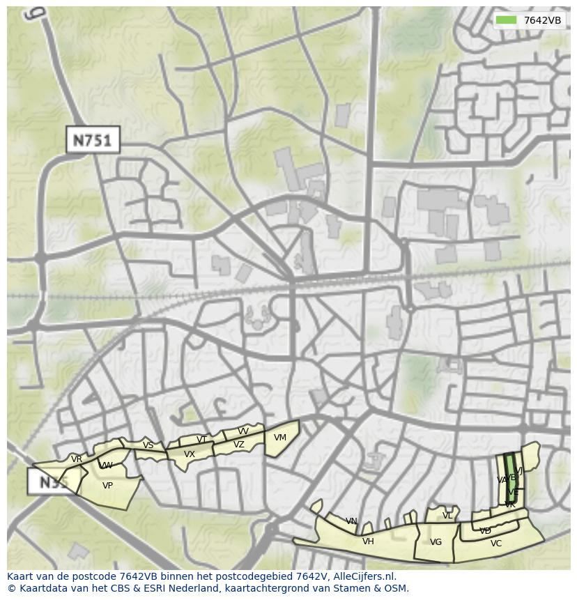 Afbeelding van het postcodegebied 7642 VB op de kaart.