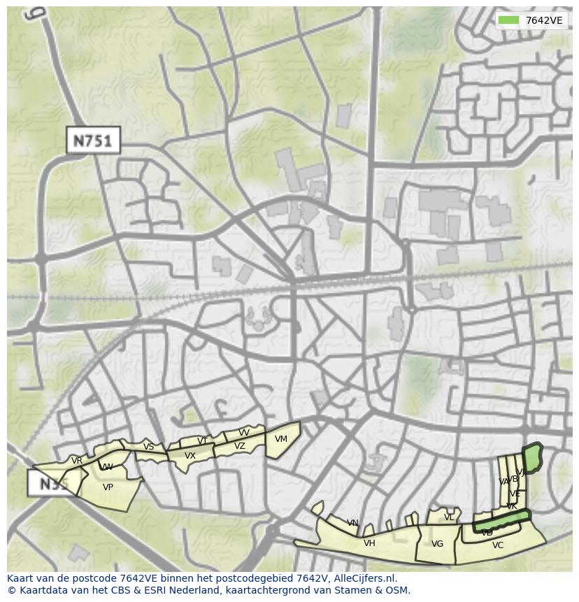Afbeelding van het postcodegebied 7642 VE op de kaart.