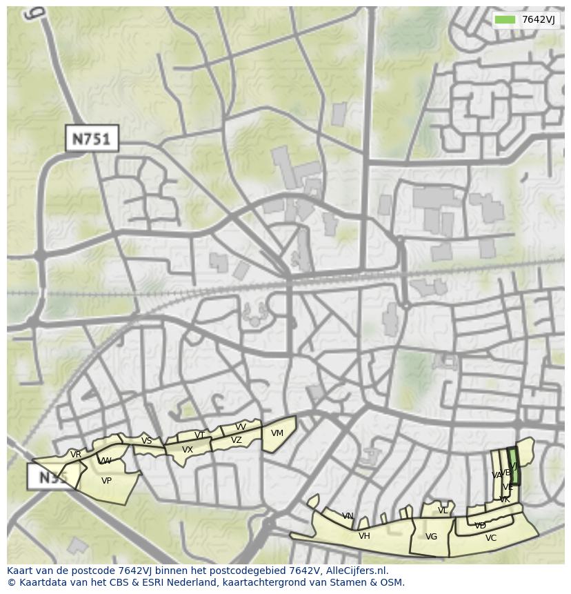 Afbeelding van het postcodegebied 7642 VJ op de kaart.
