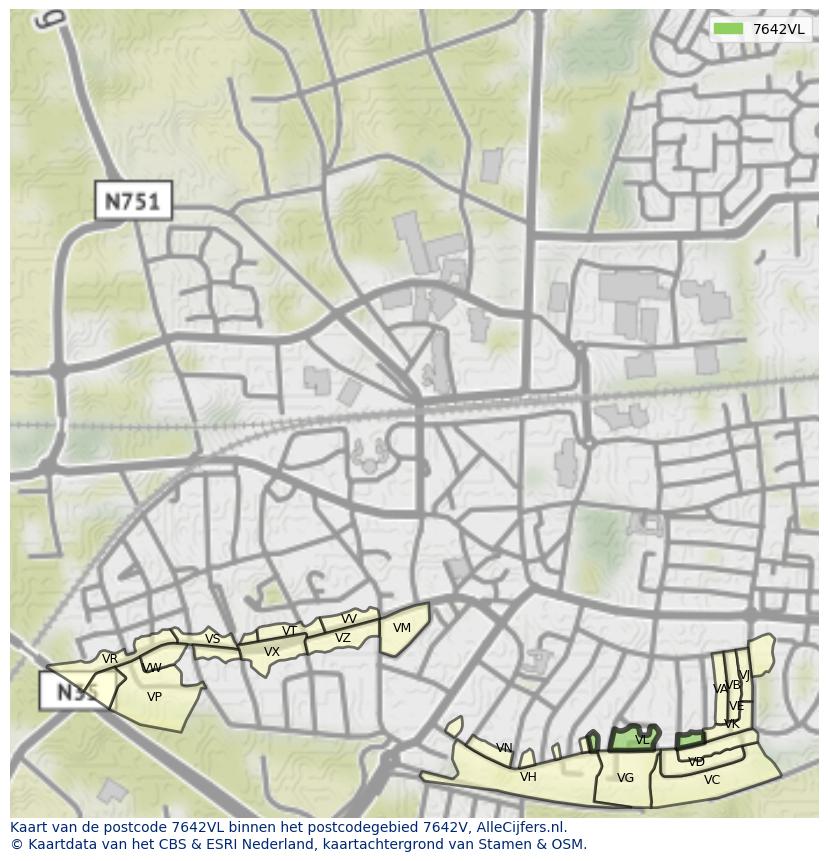 Afbeelding van het postcodegebied 7642 VL op de kaart.