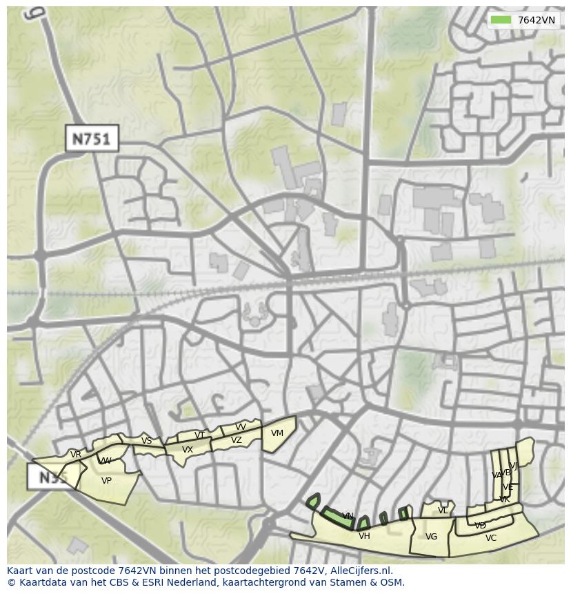 Afbeelding van het postcodegebied 7642 VN op de kaart.