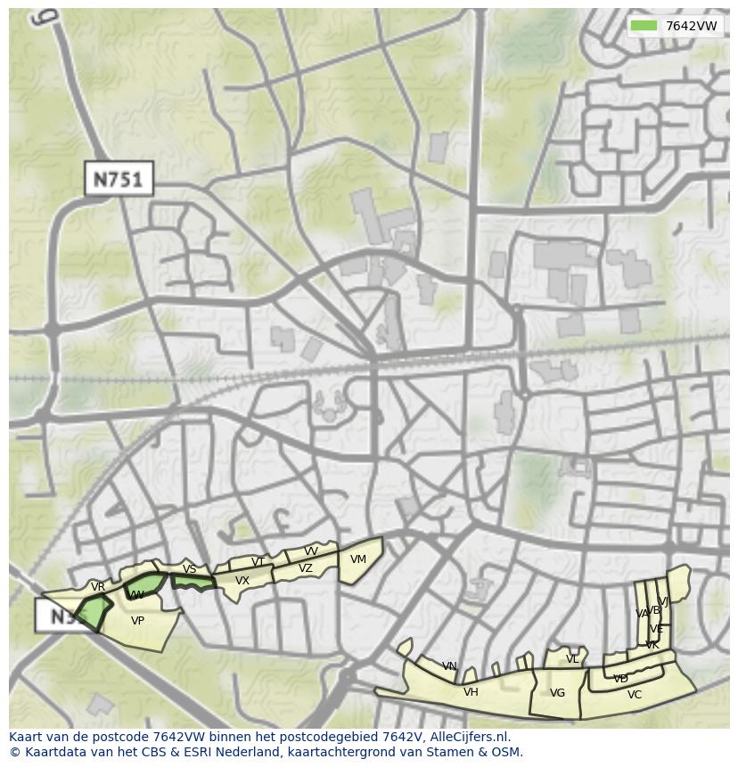 Afbeelding van het postcodegebied 7642 VW op de kaart.