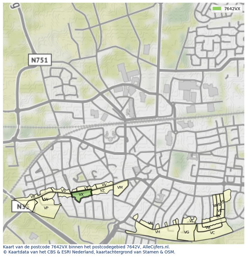 Afbeelding van het postcodegebied 7642 VX op de kaart.