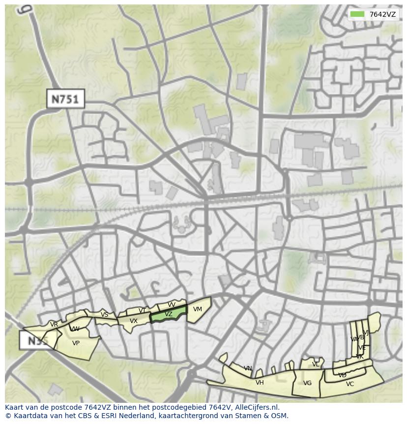 Afbeelding van het postcodegebied 7642 VZ op de kaart.