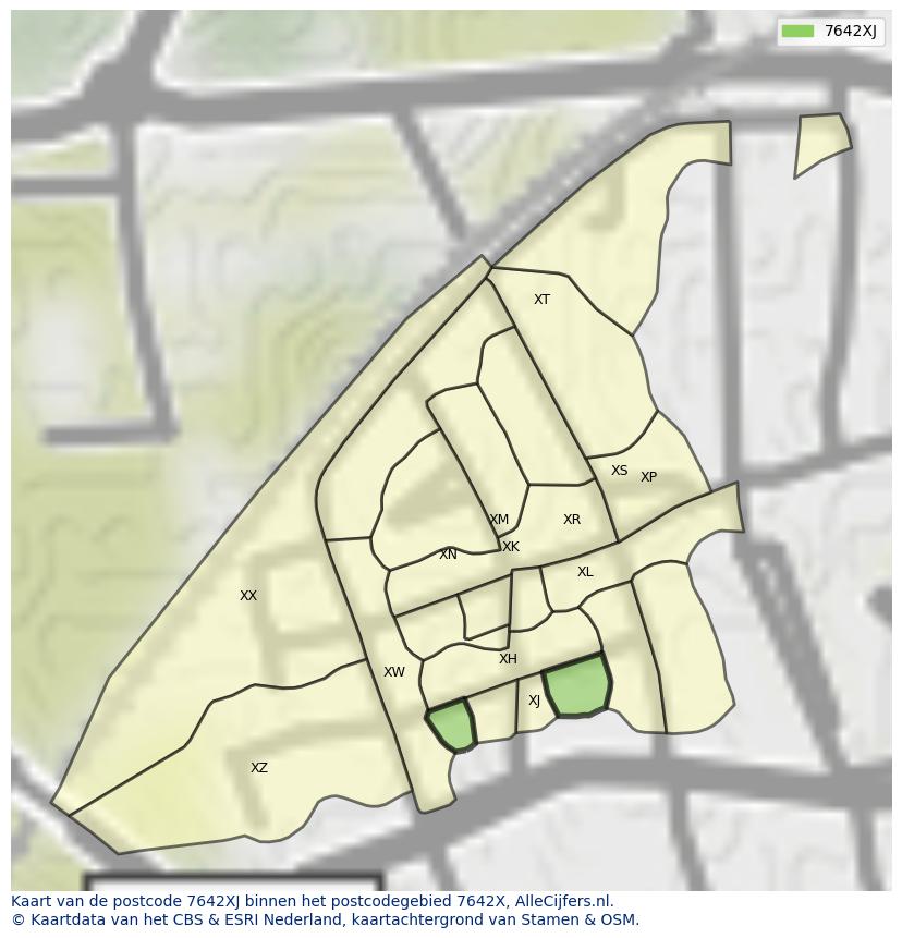 Afbeelding van het postcodegebied 7642 XJ op de kaart.