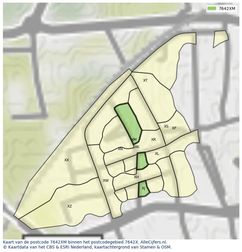 Afbeelding van het postcodegebied 7642 XM op de kaart.
