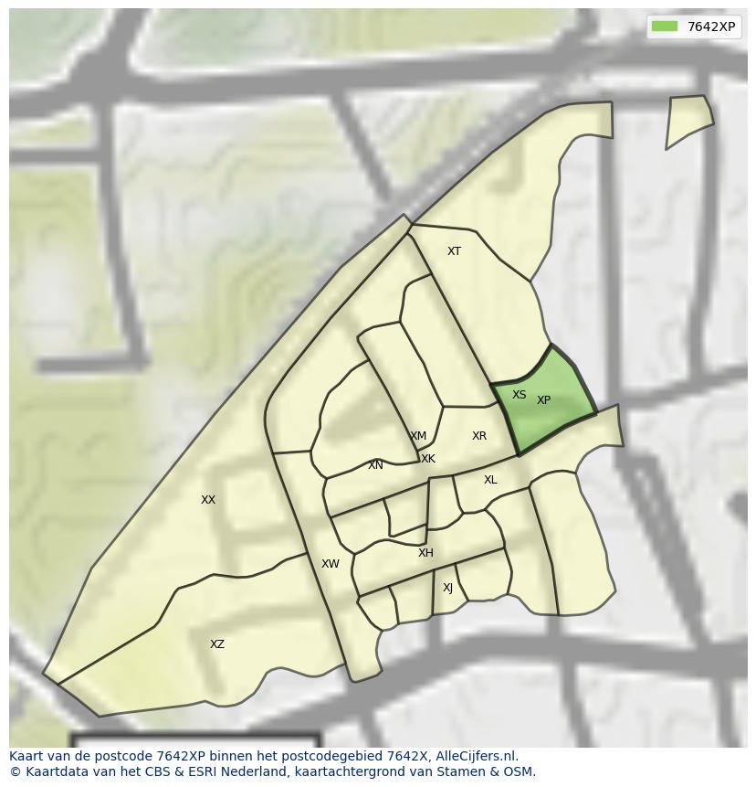 Afbeelding van het postcodegebied 7642 XP op de kaart.