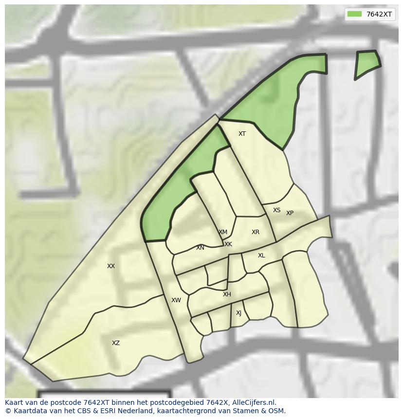 Afbeelding van het postcodegebied 7642 XT op de kaart.