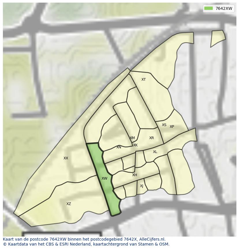 Afbeelding van het postcodegebied 7642 XW op de kaart.