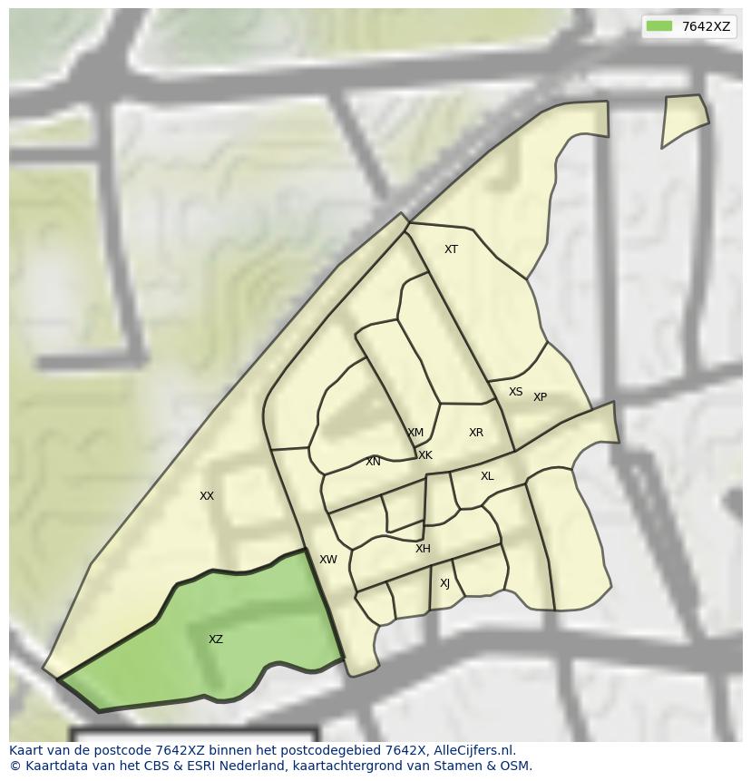 Afbeelding van het postcodegebied 7642 XZ op de kaart.