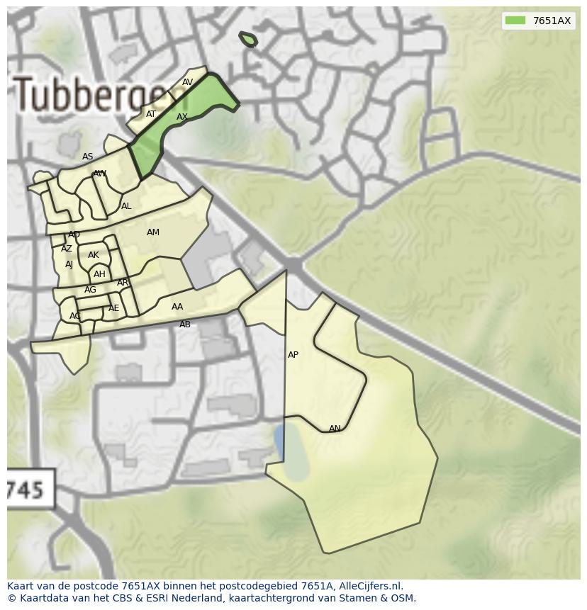 Afbeelding van het postcodegebied 7651 AX op de kaart.