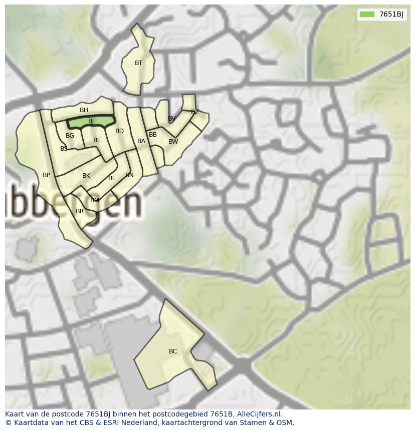Afbeelding van het postcodegebied 7651 BJ op de kaart.