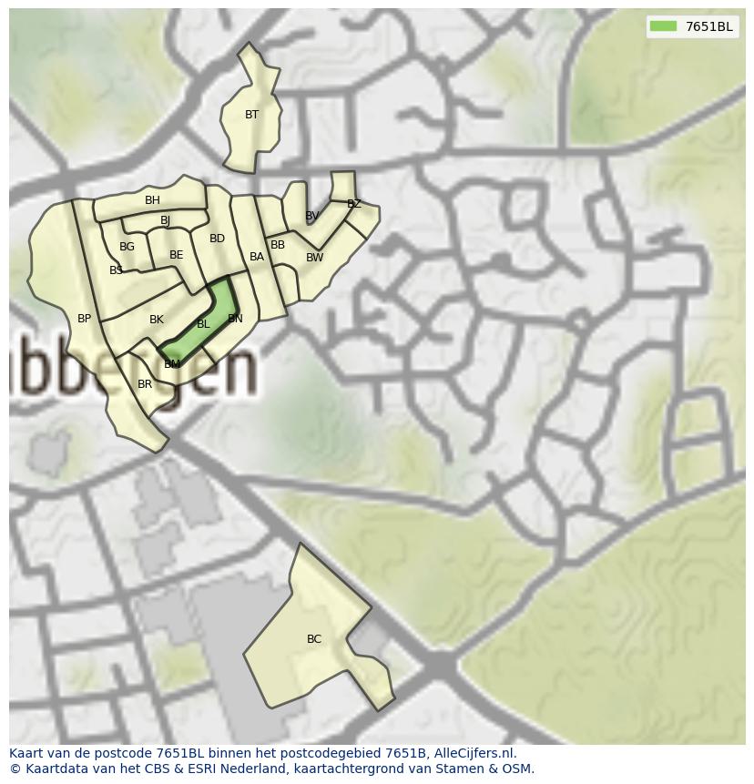 Afbeelding van het postcodegebied 7651 BL op de kaart.
