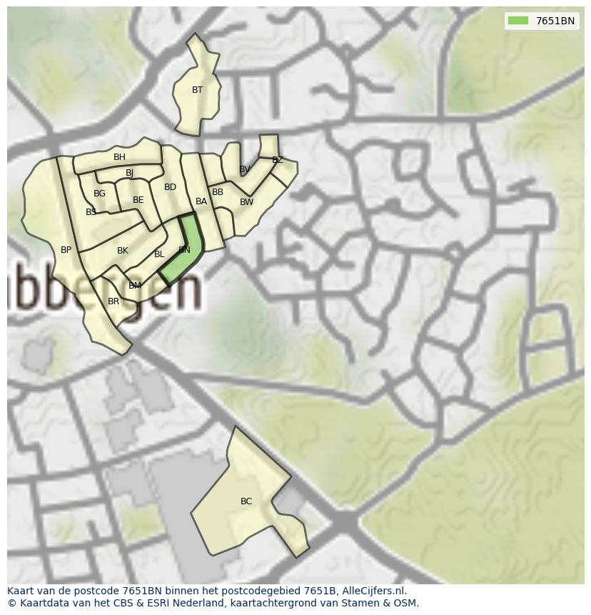 Afbeelding van het postcodegebied 7651 BN op de kaart.