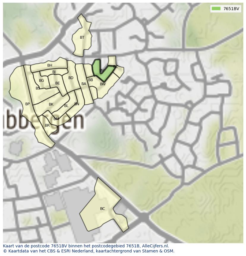 Afbeelding van het postcodegebied 7651 BV op de kaart.