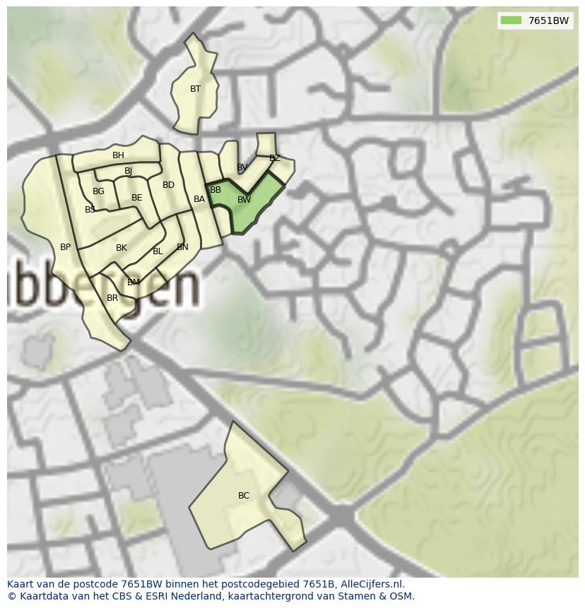 Afbeelding van het postcodegebied 7651 BW op de kaart.