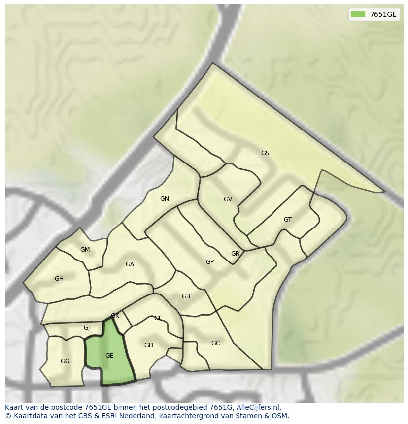 Afbeelding van het postcodegebied 7651 GE op de kaart.