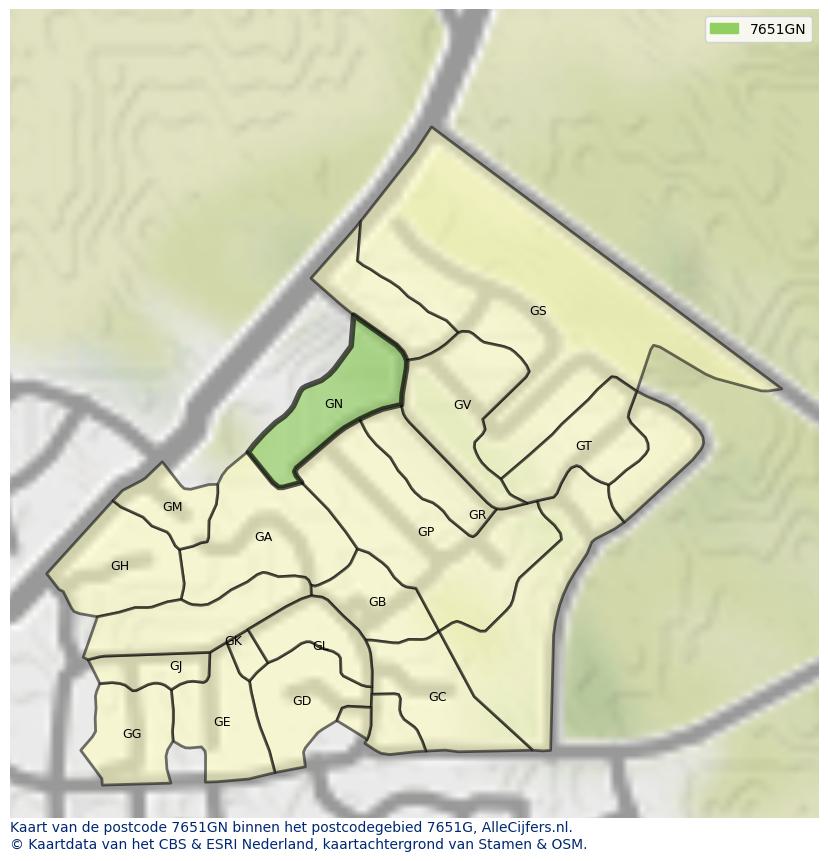 Afbeelding van het postcodegebied 7651 GN op de kaart.