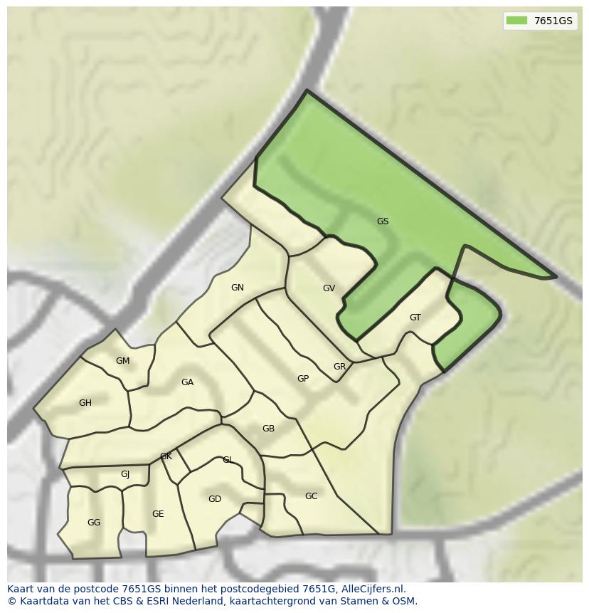 Afbeelding van het postcodegebied 7651 GS op de kaart.