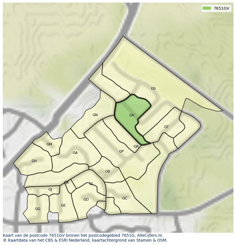 Afbeelding van het postcodegebied 7651 GV op de kaart.