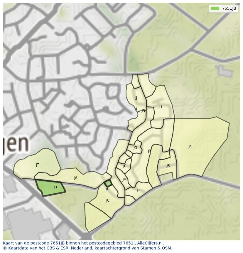 Afbeelding van het postcodegebied 7651 JB op de kaart.