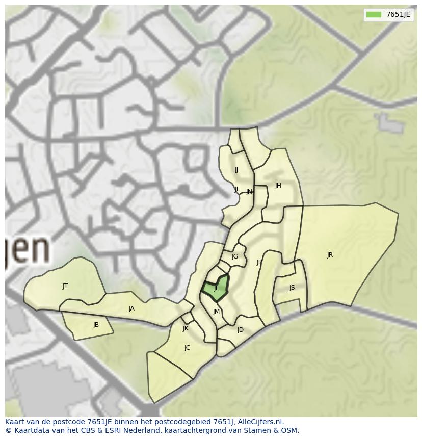 Afbeelding van het postcodegebied 7651 JE op de kaart.