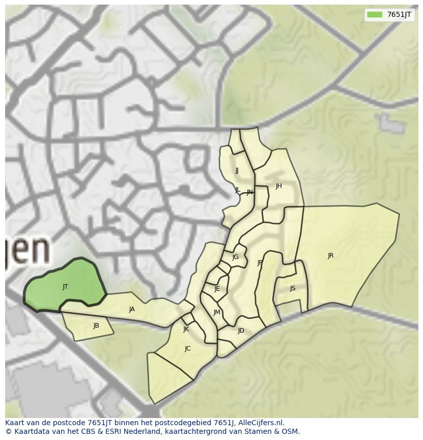 Afbeelding van het postcodegebied 7651 JT op de kaart.