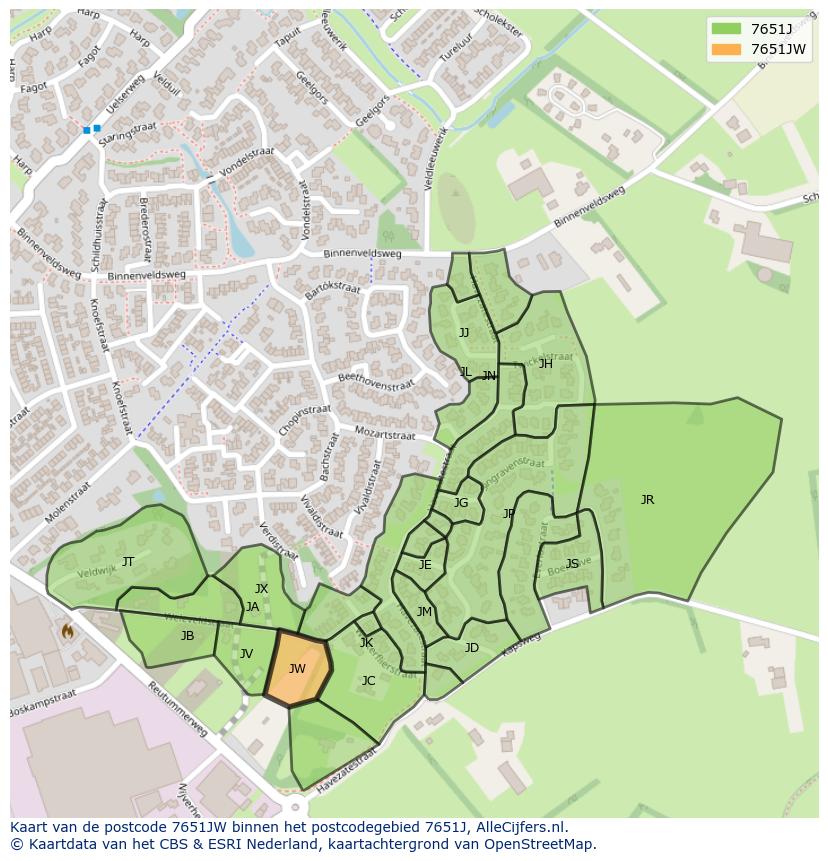 Afbeelding van het postcodegebied 7651 JW op de kaart.