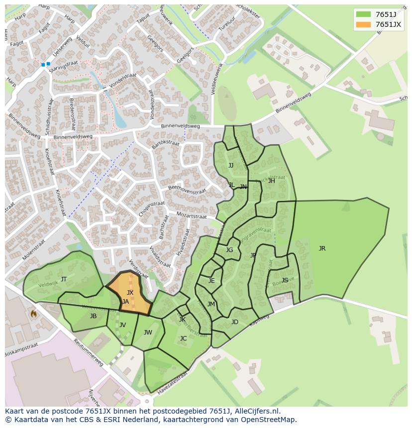 Afbeelding van het postcodegebied 7651 JX op de kaart.