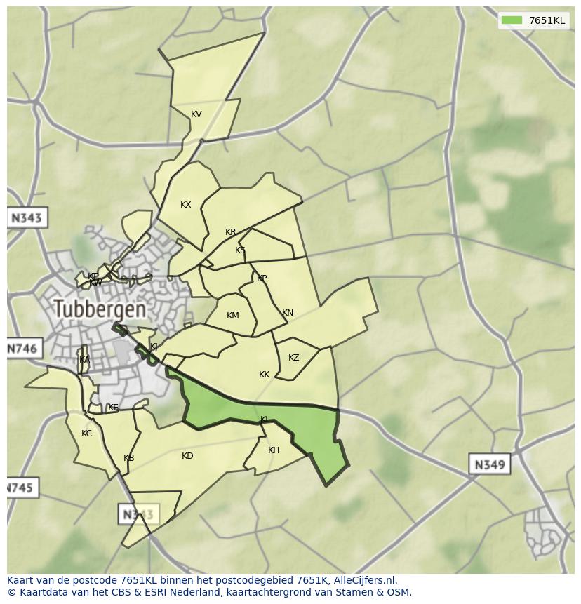 Afbeelding van het postcodegebied 7651 KL op de kaart.