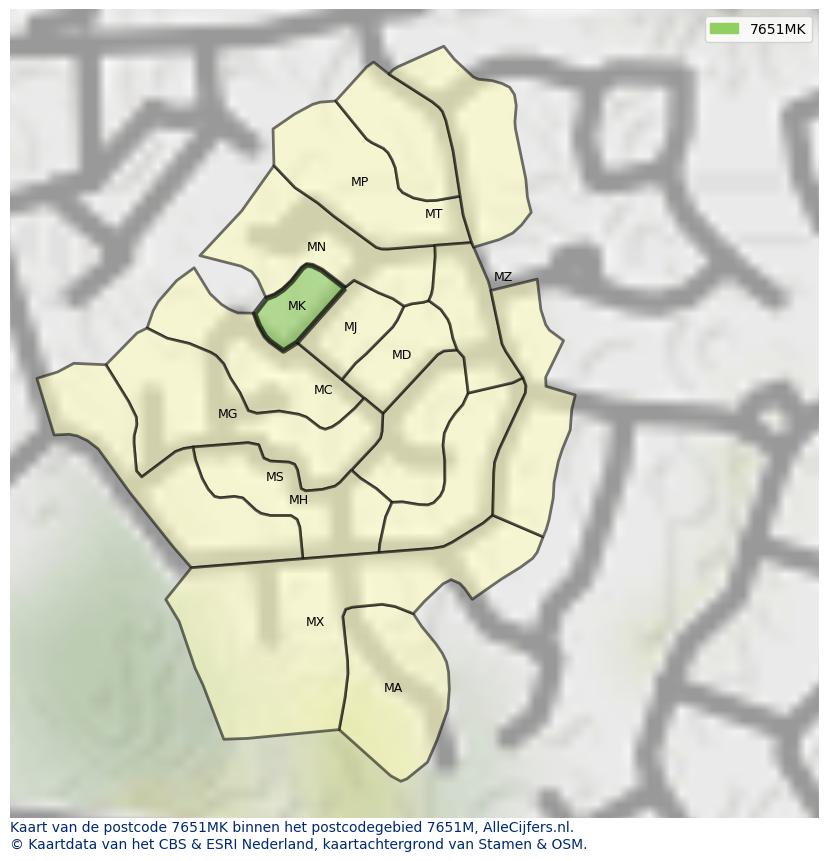 Afbeelding van het postcodegebied 7651 MK op de kaart.