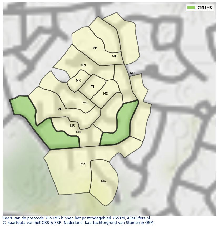 Afbeelding van het postcodegebied 7651 MS op de kaart.