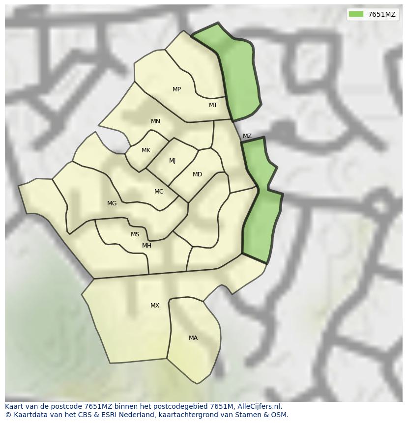 Afbeelding van het postcodegebied 7651 MZ op de kaart.