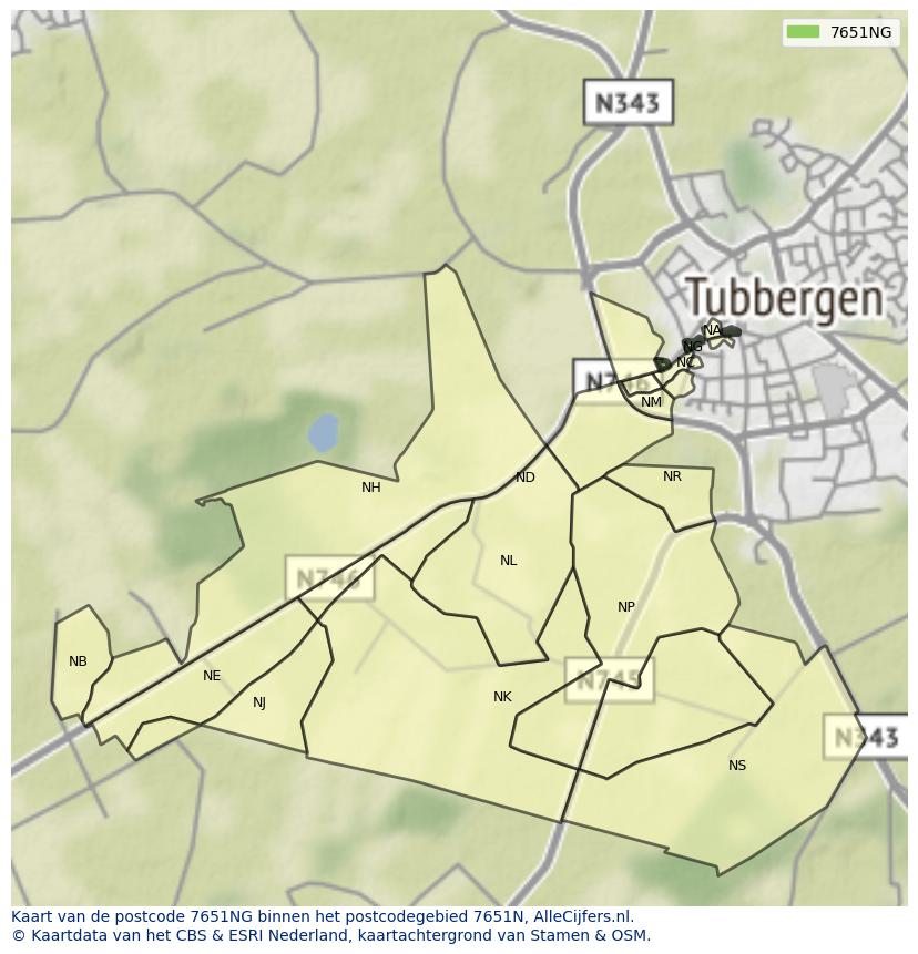Afbeelding van het postcodegebied 7651 NG op de kaart.