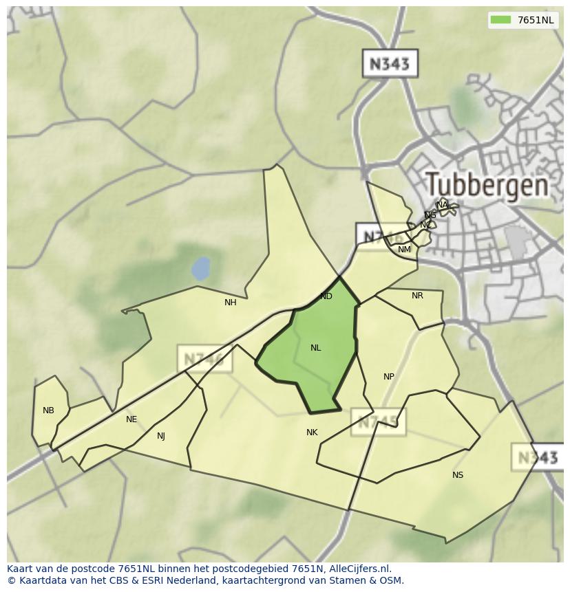 Afbeelding van het postcodegebied 7651 NL op de kaart.