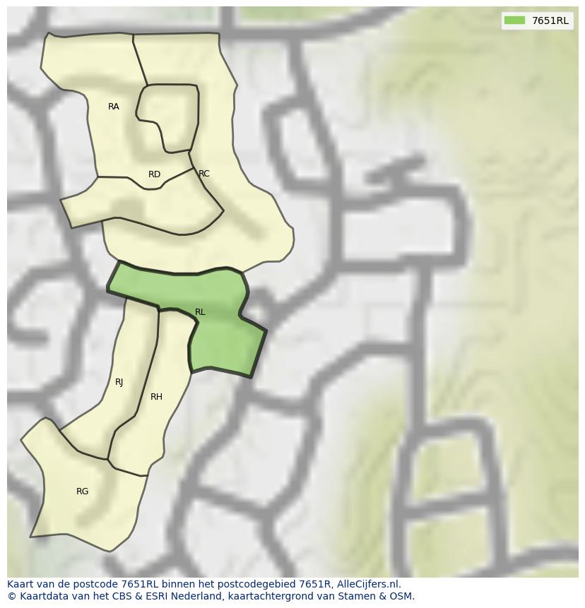 Afbeelding van het postcodegebied 7651 RL op de kaart.