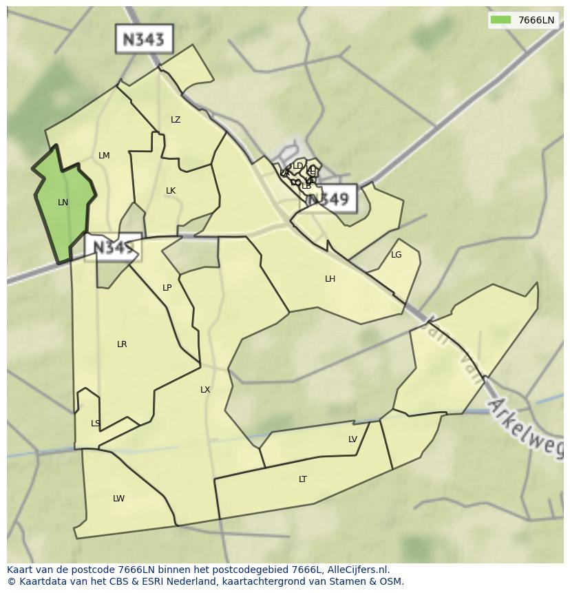 Afbeelding van het postcodegebied 7666 LN op de kaart.